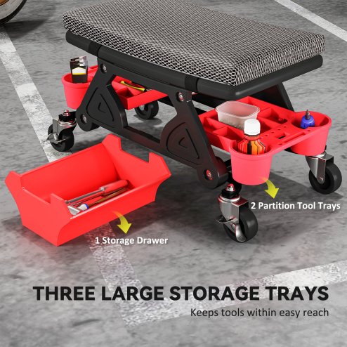 HOMCOM Rolling Mechanic Stool, 135kg Capacity Workshop Stool, 360 Swivel Roller Padded Creeper Seat with Wheels, Slide Out Tool Trays and Drawer for Garage, Shop, Auto Repair, Black