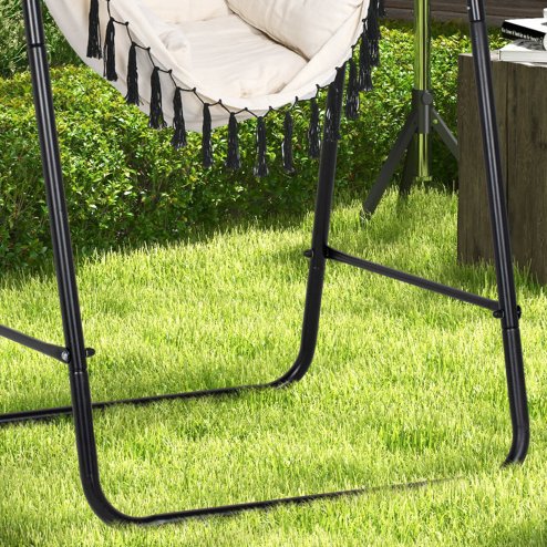 Outsunny Patio Hammock Chair with Stand, Outdoor Hammock Swing Hanging Rope Chair with Cushion, Armrest, Hooks, Cream White