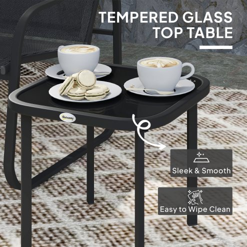 Outsunny Garden Bistro Set, 3 Piece Metal Garden Furniture Set with Mesh Chairs and Square Glass Top Table, Small Balcony Furniture for Outdoor, Patio, Conservatory, Black