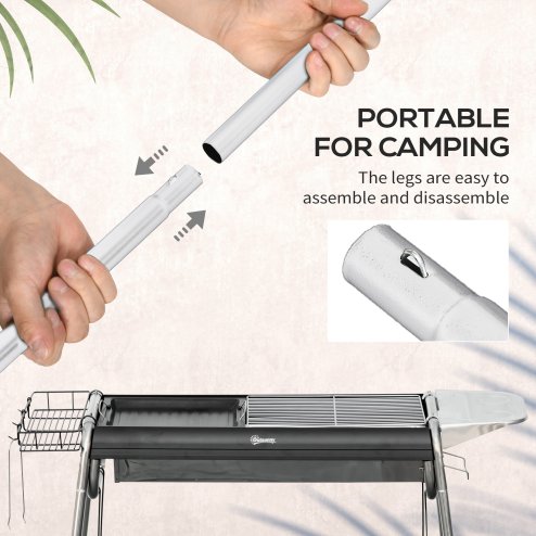 Outsunny Portable Charcoal Barbecue BBQ Grill with Griddle Plate, Easy Assembly, Stainless Steel Cooker with Seasoning Baskets, Storage Shelves and Hooks for Camping Picnic Hiking Garden Party