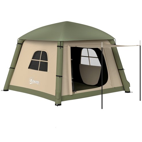 Outsunny Inflatable Camping Tent w/ Hand Pump, Easy Setup 1/2 Person Blow Up Tent Waterproof 190T Taffeta w/ Mesh Windows, Doors and Carry Bag, Brown