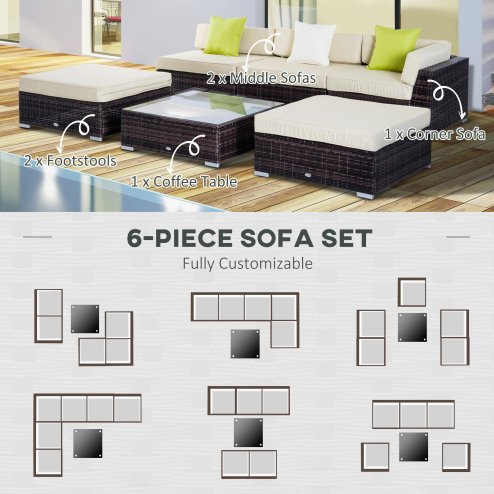 Outsunny 6 Pieces Rattan Garden Furniture Set, 5 Seater Garden Sofa Set with Thickened Cushions, Glass Top Coffee Table and Ottomans, Outdoor Sectional Conservatory Furniture with Pillows, Brown