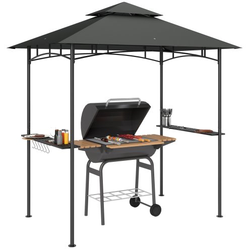 Outsunny 2.4 x 1.5 m (8' x 5') Grill Gazebo Canopy with LED Lights, Double Tiered Outdoor BBQ Gazebo Shelter with 2 Side Shelves, Storage Basket and Hooks for Garden, Barbecue, Picnic, Dark Grey