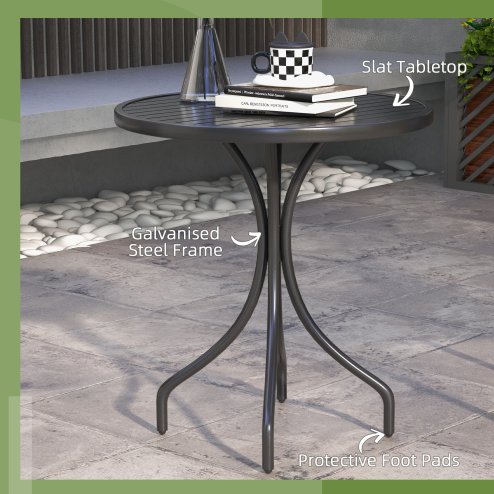 Outsunny ??66cm Garden Side Table, Round Bistro Coffee Table, Outdoor Patio Table with Steel Frame and Slat Tabletop for Balcony and Porch, Black