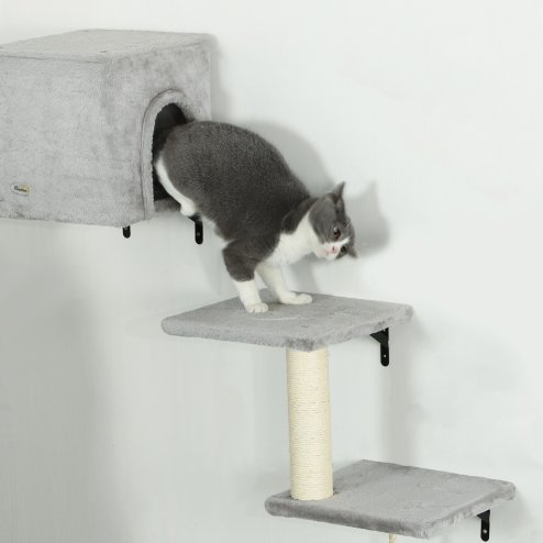 PawHut Cat Wall Shelves, 6-Piece Cat Wall Furniture Set with Condo, Platforms, Sisal Scratching Post, Bed and Toy Ball, for Climbing, Sleeping, Playing, Grey