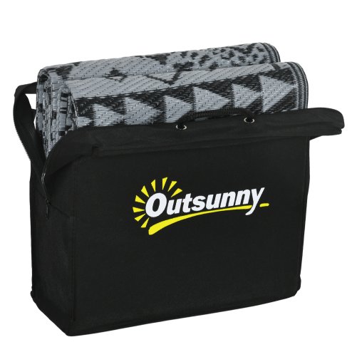 Outsunny Reversible Outdoor Rug with Carry Bag, Waterproof Plastic Straw Mat for Garden, Deck, RV, Picnic, Beach, Camping, 182 x 274cm, Black and Grey