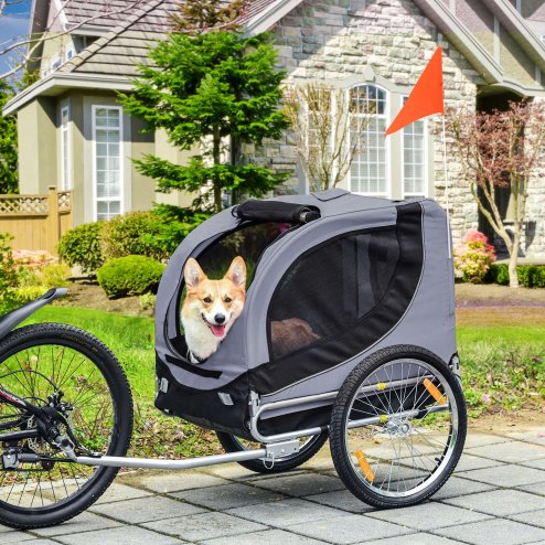 PawHut Steel Dog Bike Trailer Pet Cart Carrier for Bicycle Kit Water Resistant with Hitch Coupler Travel Grey and Black Image