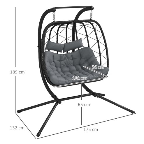 Outsunny Outdoor PE Rattan 2 Seaters Swing Chair with Thick Padded Cushion, Patio Hanging Egg Chair with Metal Stand, Headrest, for Indoor and Outdoor, Black