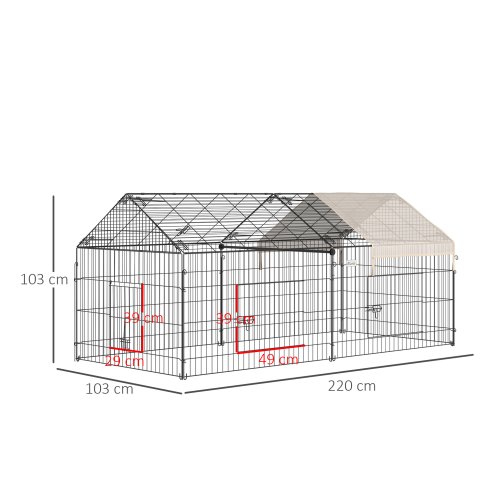 PawHut Rabbit Run Playpen, Guinea Pig Cage with Pitched Roof, Sun Protection Cover, 220 x 103 x 103 cm, Metal Enclosure for Small Animals, Chickens, Ferrets, Beige