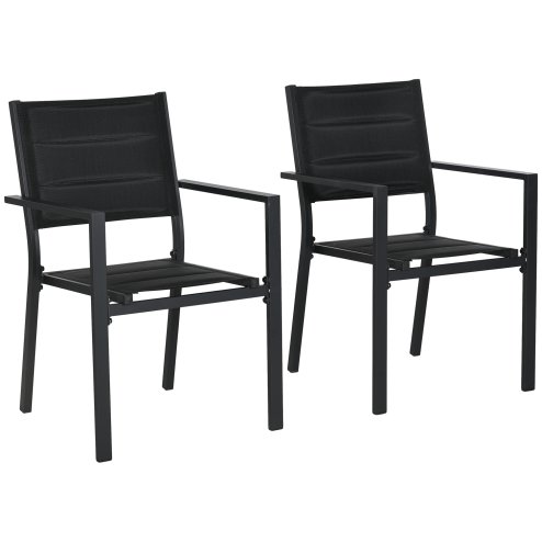 Outsunny 2 Pieces Garden Dining Chairs, Aluminium Outdoor Armchair for 2 with Breathable Mesh Fabric, Stackable Design, Black Image