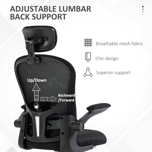 Vinsetto High Back Office Chair, Mesh Computer Desk Chair with Rotatable Headrest, 4D Lumbar Support, Flip-up Arm, Adjustable Height, Black