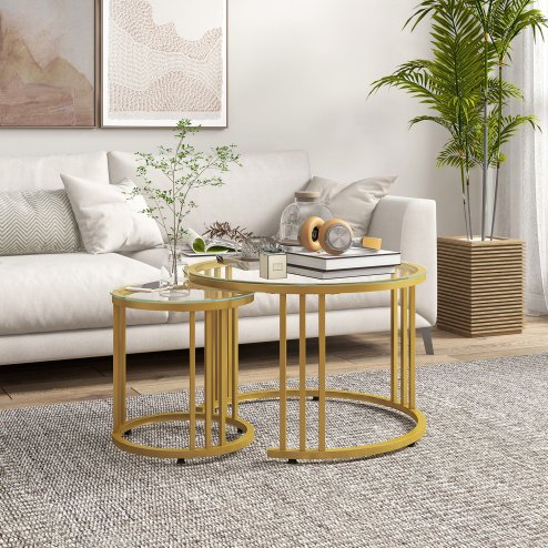 HOMCOM Nest of Tables, Round Coffee Tables Set of 2 with Tempered Glass Top and Steel Frame for Living Room, Gold Tone
