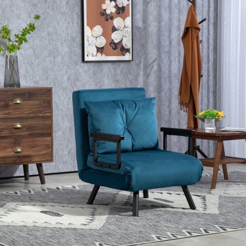 HOMCOM Single Chair Bed, Click Clack Convertible Bed Settee, Modern Velvet Feel Fabric Chair Couch with 1 Tufted Cushion, Wood Armrests, for Living Room, Bedroom, Guest Room