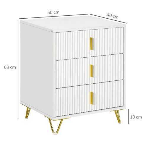 HOMCOM Modern 3 Drawer Dresser, Fluted Bedroom Dresser Chest of Drawers with Metal Legs and Steel Handles for Bedroom, White