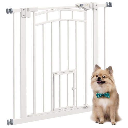 PawHut Dog Stair Gate Pet Barrier with Small Cat Door, Pressure Fit Safety Gate with Auto Closing System, Double Locking, for Hallways - White