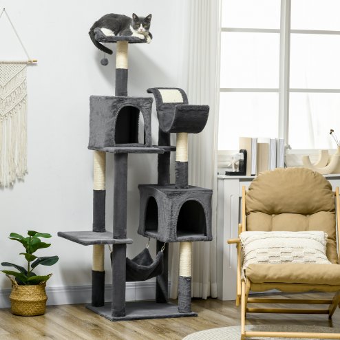 PawHut 177cm Cat Tree for Indoor Cats, Mult-level Kitten Climbing Tower, with Scratching Posts, Two Cat Houses, Perches, Toy Ball - Dark Grey