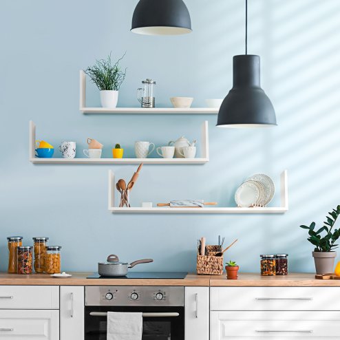 HOMCOM Set of 3 Wooden U-Shaped Floating Shelves Set Wall Mounted Hanging Bookshelf CD DVD Storage Display for Bedroom Living Room Kitchen, White