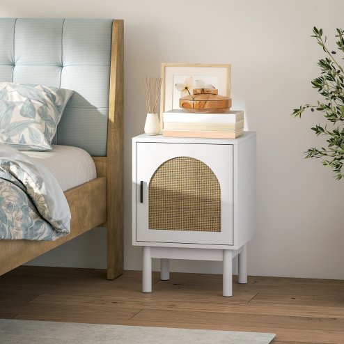 HOMCOM Rattan Bedside Table, Boho Bedside Cabinet with Adjustable Shelf and Solid Wood Legs, Side Table for Living Room, Bedroom, White