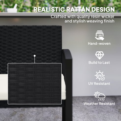 Outsunny 2 Seater Rattan Garden Bench, Outdoor Bench with Cushion, PE Wicker Garden Loveseat with Armrests, Galvanised Steel Frame for Patio, Park, Black