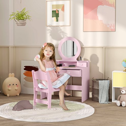 AIYAPLAY Kids Dressing Table Set with Stool and Mirror, Make up Set with Storage Drawers, Kids Vanity Table Gift for Aged 3-8 Years Old - Pink