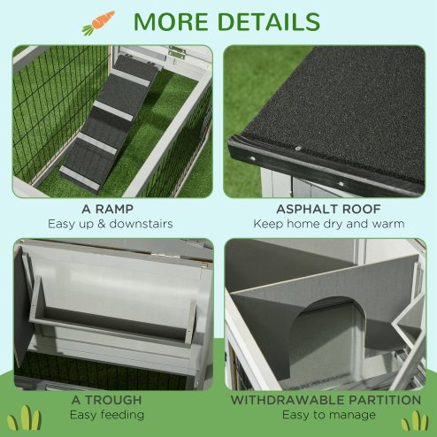 PawHut Rabbit Hutch Outdoor, Wooden Guinea Pig Hutch with Run, Openable Roof, Pull-Out Tray, Ramp for 1-2 Rabbits, 150 x 52.5 x 68 cm, Grey