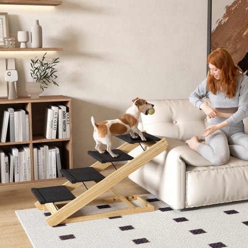 PawHut Dog Steps Dog Ramp, 4-Step Adjustable Height Pet Stairs for Large Sized Dogs, Foldable Dog Stairs for Bed Sofa, with Non-slip Surface