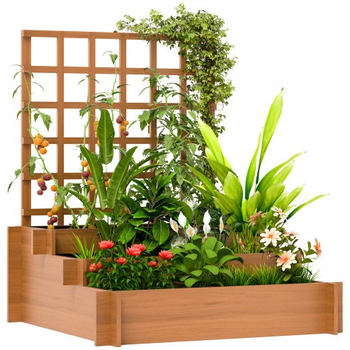 Outsunny 3 Tier Planters with Trellis for Vine Climbing, Wooden Raised Beds for Garden Patio, Outdoor Planter Box for Vegetables, Flowers, Herbs, Brown