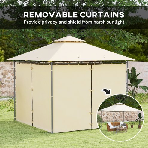 Outsunny 3 x 3 m Garden Gazebo, Double Roof Metal Gazebo with Curtains and Solar-Powered LED Lights, Outdoor Canopy Shelter for Patio, Deck, Beige