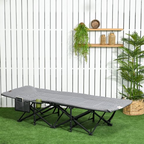 Outsunny Camping Bed for Adults, Single Folding Camp Bed, Padded Portable Camping Cot for Sleeping, with Carry Bag, Side Pocket and Cup Holder for Outdoor, Travel, Fishing, Black