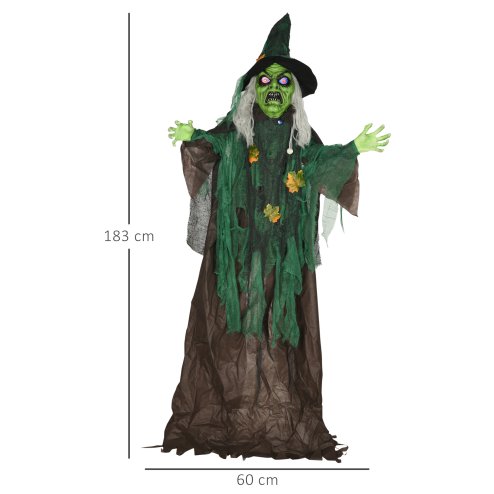 HOMCOM 6ft Outdoor Halloween Decoration Witch, Standing Witch Prop Life Size with Sound and Motion Activated, Light Up Eyes Magical Heart, Talking Sound, Posable Arms, Moving Head