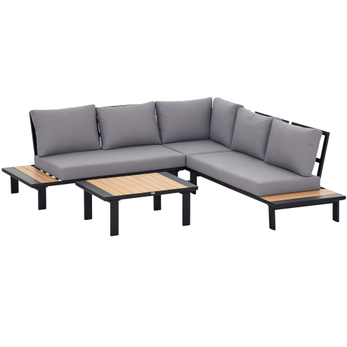 Outsunny 4 Pieces Aluminium Garden Furniture Sets with Thick Padded Cushion, 5 Seater Outdoor L Shape Corner Sofa Conversation Set, w/ Coffee Table and Sofa Side Table for Patio, Deck, Dark Grey