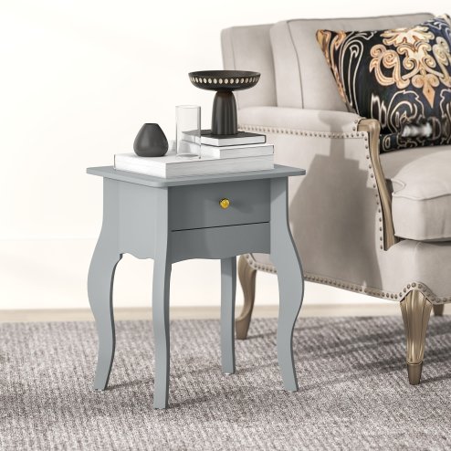 HOMCOM French Style Side Table with Drawer, End Table with Curved Legs, Bedside Table for Living Room, Bedroom, Grey