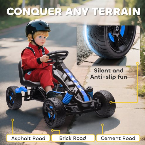 AIYAPLAY Pedal Go Kart, Ride on Racer with Freewheel System, Brake, Non-Slip EVA Wheels, Metal Frame, Go Kart for Kids Ages 3-6 Years, Blue