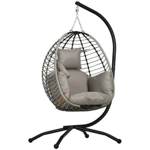 Outsunny Outdoor Swing Chair with Thick Padded Cushion, Patio Hanging Egg Chair with Metal Stand, Foldable Basket, Cup Holder, Rope Structure for Indoor & Outdoor, Grey