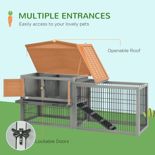 PawHut Rabbit Hutch Outdoor, Wooden Guinea Pig Hutch with Run, Openable Roof, Pull-Out Tray, Ramp for 1-2 Rabbits, 150 x 52.5 x 68 cm, Grey