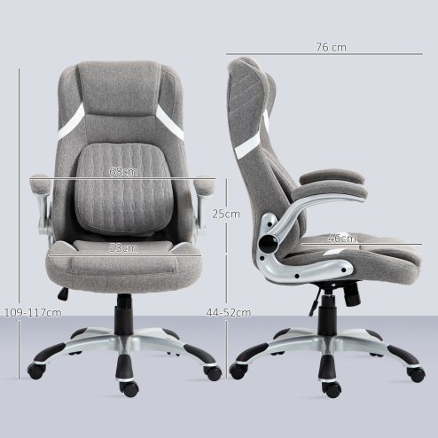 Vinsetto High Back Executive Office Chair, Fabric Office Desk Chair with Flip-up Armrests, Adjustable Lumbar Support and Tilt Function, Grey