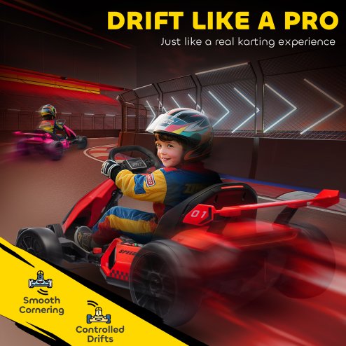 HOMCOM 24V Electric Go Kart for Kids, Ride On Racing Kart with Adjustable Seat, Battery Powered Drifting Ride On Car with Music, Light, Slow Start, Button Start, Horn, for 6-12 Years, Red