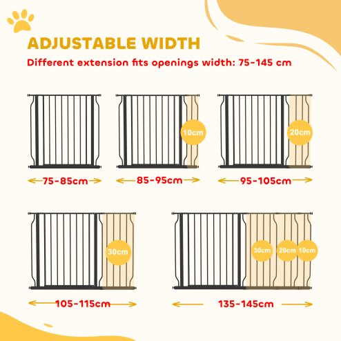 PawHut Dog Gate Wide Stair Gate w/ Door Pressure Fit Pets Barrier for Doorway, Hallway, 76H x 75-145W cm - Black