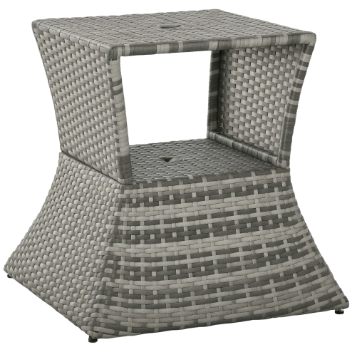Outsunny Rattan Outdoor Coffee Table, Wicker Garden Patio Bistro Side Table with Umbrella Hole and Storage Space for Balcony, Porch, Grey
