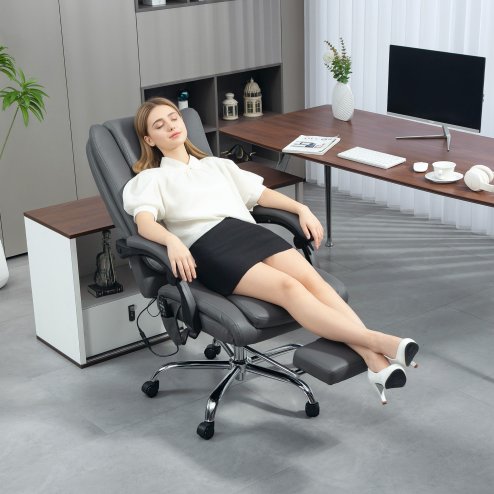 HOMCOM Executive Office Chair with 6-point Massage and Heat, PU Leather Reclining Desk Chair with Tufted High Back, Height Adjustable, Swivel Wheels, Footrest, for Home, Light Grey