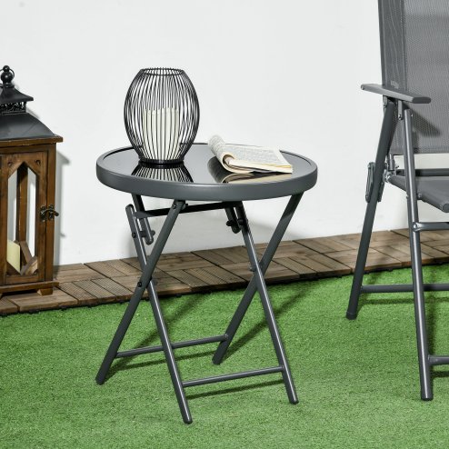 Outsunny ??45cm Garden Side Table, Outdoor Round Folding Patio Table with Imitation Marble Glass Top, Small Coffee Table, Black