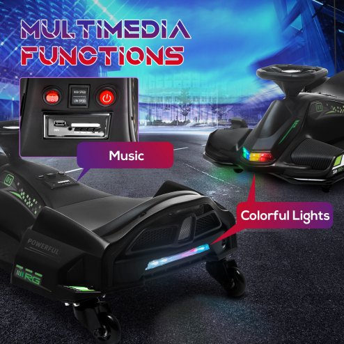 HOMCOM 12V Electric Go Kart for Kids, Battery Powered Ride on Drift Car with Music, Colourful LED Lights, Slow-Start, for Ages 8-12 Years, Black