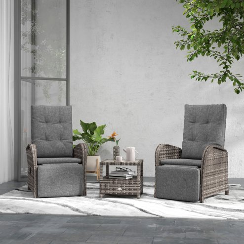 Outsunny 3 Pieces Rattan Bistro Set, Wicker Balcony Furniture Set with Reclining Sun Loungers, 2-Tier Coffee Table and Cushions, 2 Seater Garden Furniture for Outdoor Patio Balcony, Brown