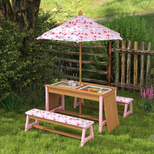 AIYAPLAY Kids Picnic Table, Wooden Children Garden Table and Bench Set with Removable & Foldable Umbrella, Cushions, Storage Boxes, Flamingo Theme Outdoor Furniture for Boys Girls, Pink