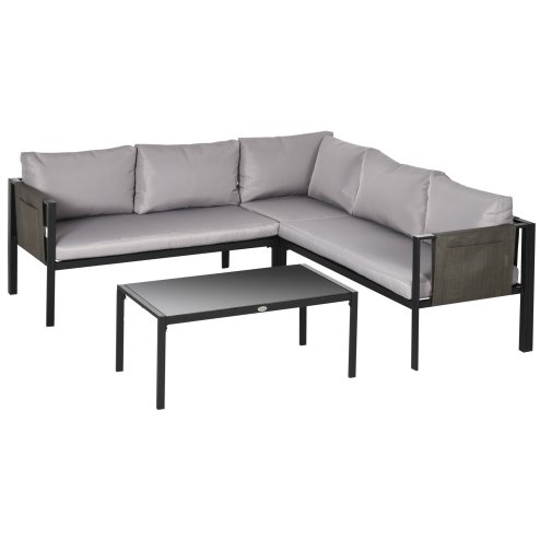 Outsunny 5 Seater Garden Corner Sofa Set, 4 Pieces Metal Garden Furniture Set with Loveseats, Glass Top Coffee Table, Breathable Mesh Pocket, Outdoor Conversation Furniture with Cushions, Light Grey