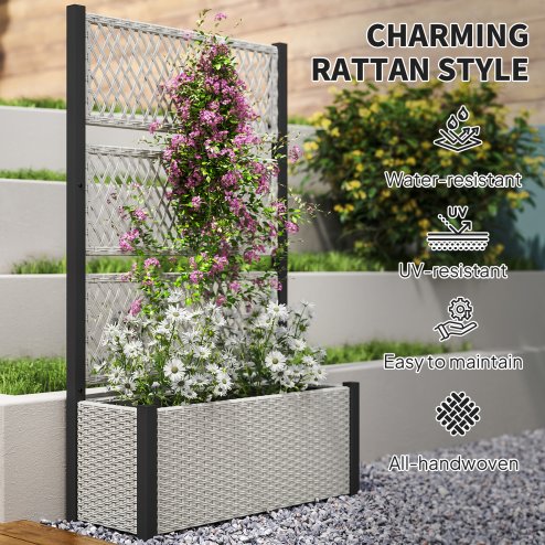 Outsunny Garden Planter Box with Trellis, Liner, Rattan Raised Bed, Trough Planter with Topped Trellis for Climbing Plants, Vegetables, Flowers, 90 x 35 x 148 cm, Mixed-grey