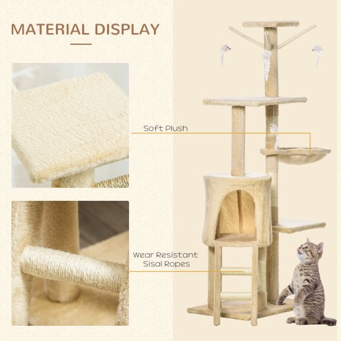 PawHut Cat Tree for Indoor Cats 135cm Kitten Tower Scratching Post Kitty Scratcher Climbing Tower with Ladder, Beige