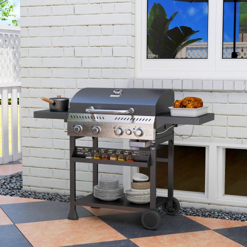 Outsunny 4+1 Gas Burner Grill, 12.5 kW Propane Gas Barbecue BBQ Grill with Wheels, Warming Rack, Shelves, Thermometer, Bottle Opener, Black