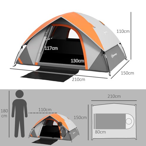 Outsunny Camping Tent, 2 Man Dome Tent, 3000mm Waterproof, with Sewn-in Groundsheet, Carry Bag and Top Hook, for Fishing Hiking Festival, Grey and Orange