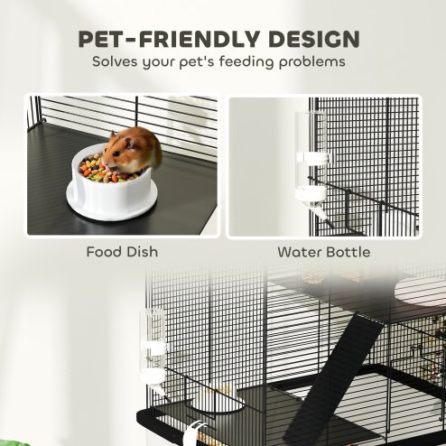 PawHut Hamster Cage, Gerbil Cage 3 Tier with Wheels, Deep Bottom, Ramps, Food Dish, Water Bottle, for Dwarf, Syrian, 57 x 43 x 74cm - Black